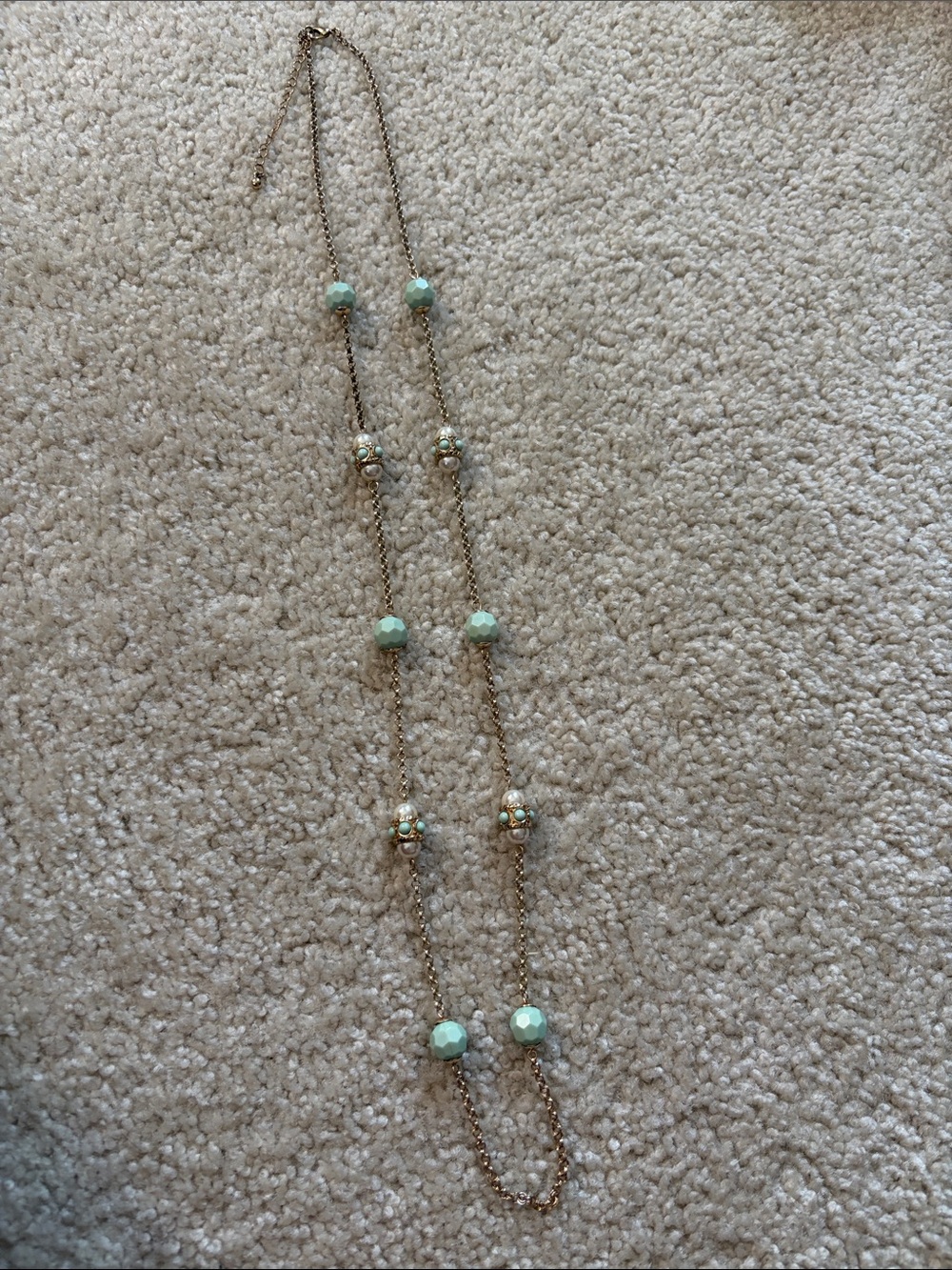 Gold-Tone Chain Necklace with Sea Foam Green Beads & Faux Pearls